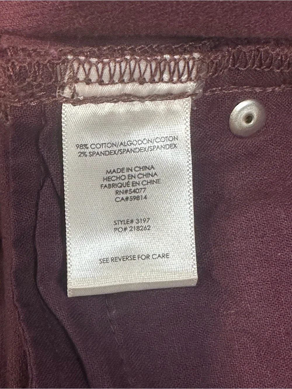 cabi Skinny Corduroy Pants Vino Burgundy Plum Size 4 Dark Academia Style 3197